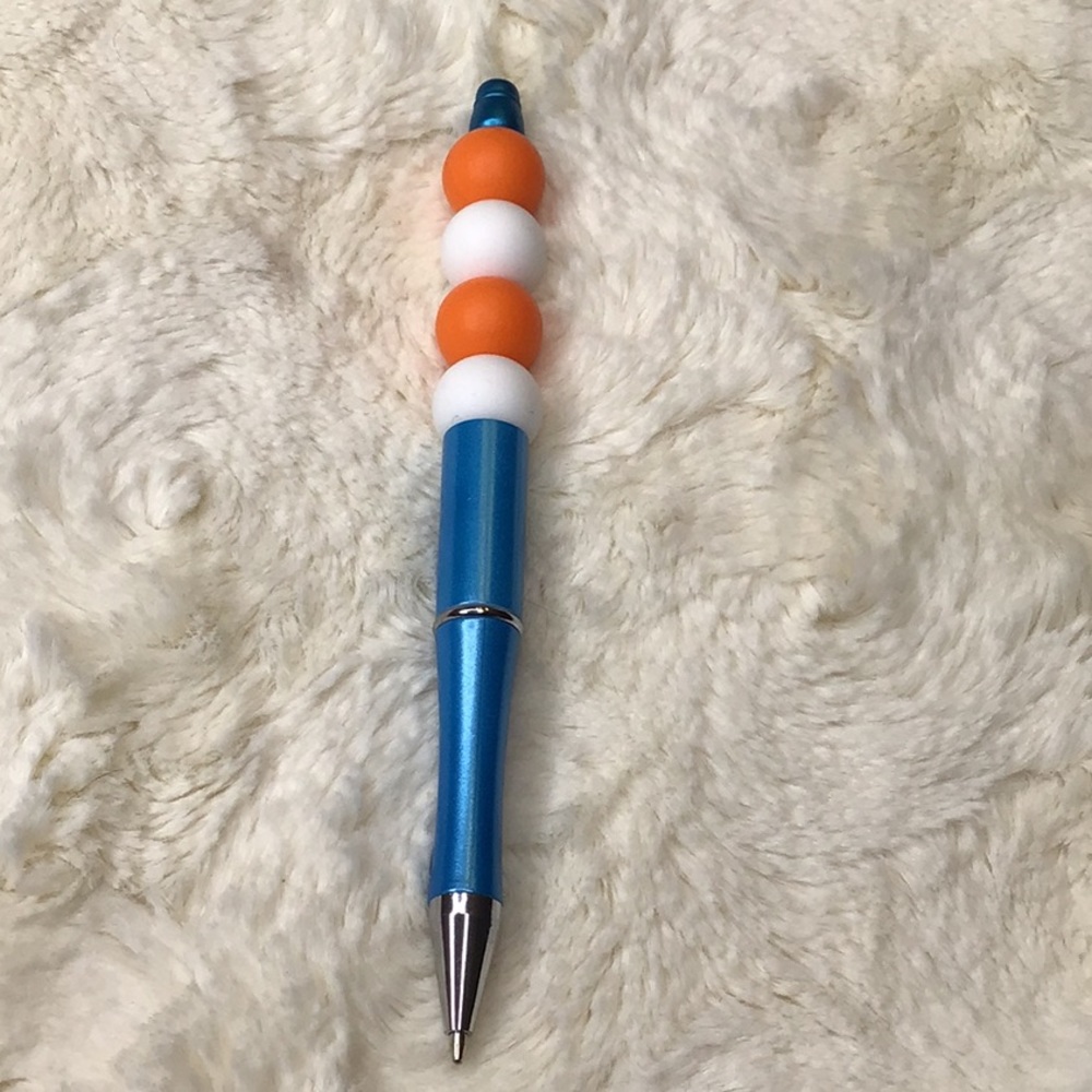 Handcrafted beaded pen. Blue/white/orange. Made with bpa free silicone